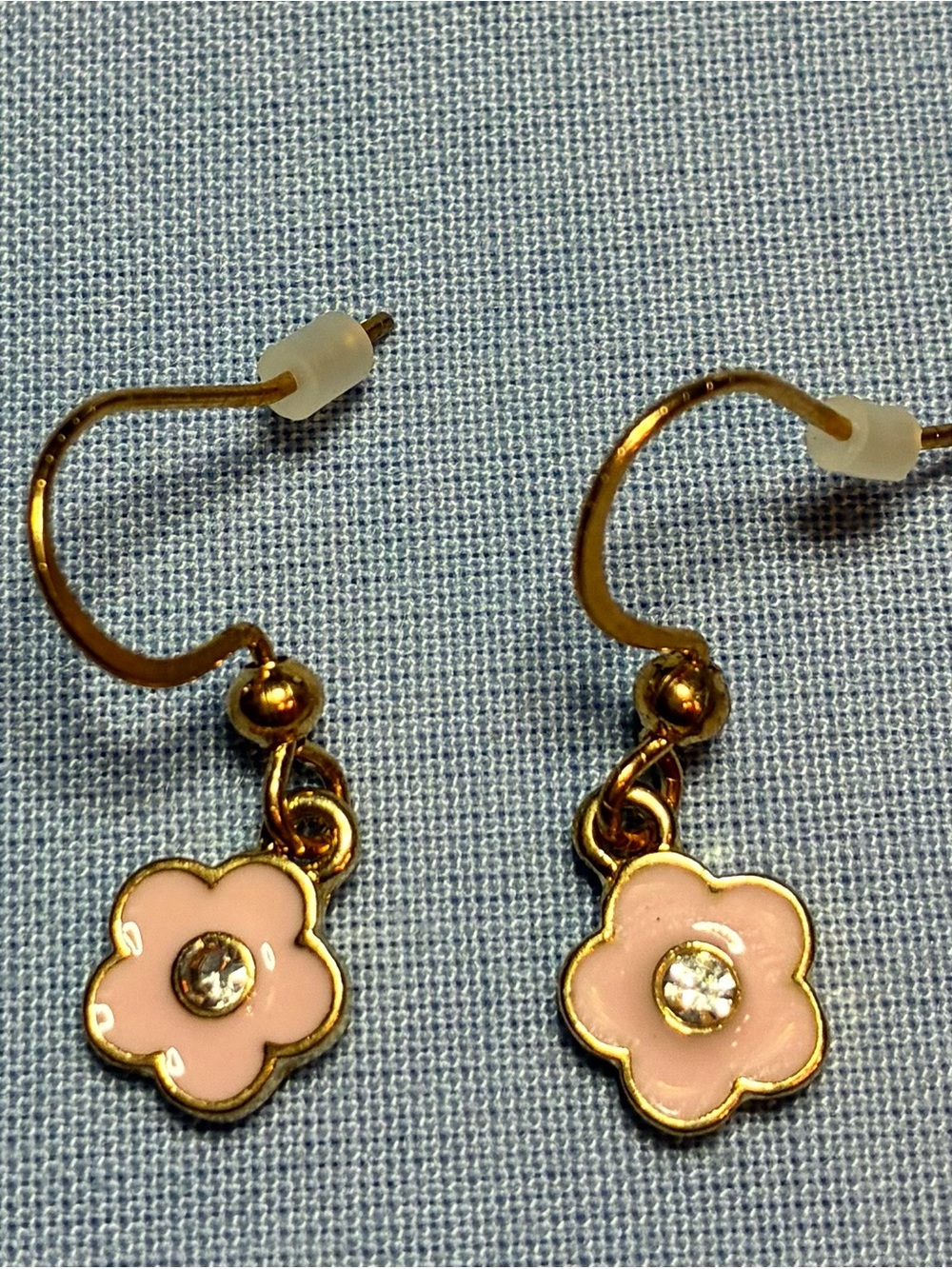 Gold Hoop Earrings with Pink Flower Charm and Crystal Accent